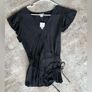 NWT J. Crew Black peplum style blouse w/ flutter sleeves and wrap ties